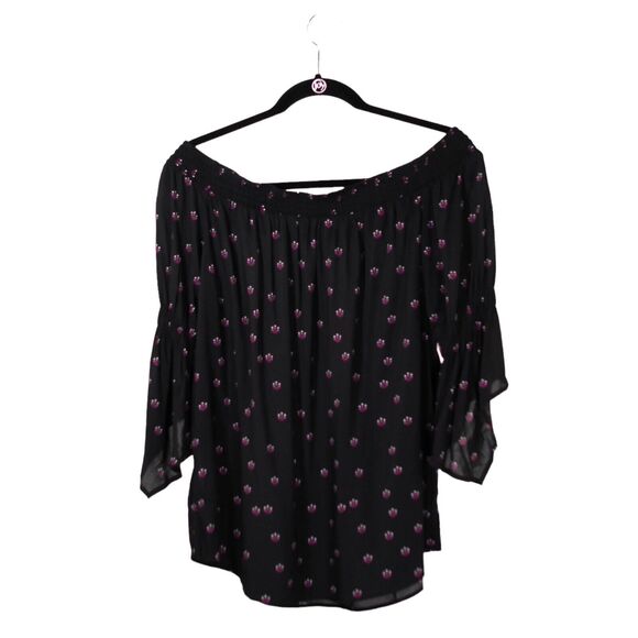 Express Women's Blouse Black Pink Floral Off Shoulder Ribbed 3/4 Sleeve Top M - Picture 2 of 9